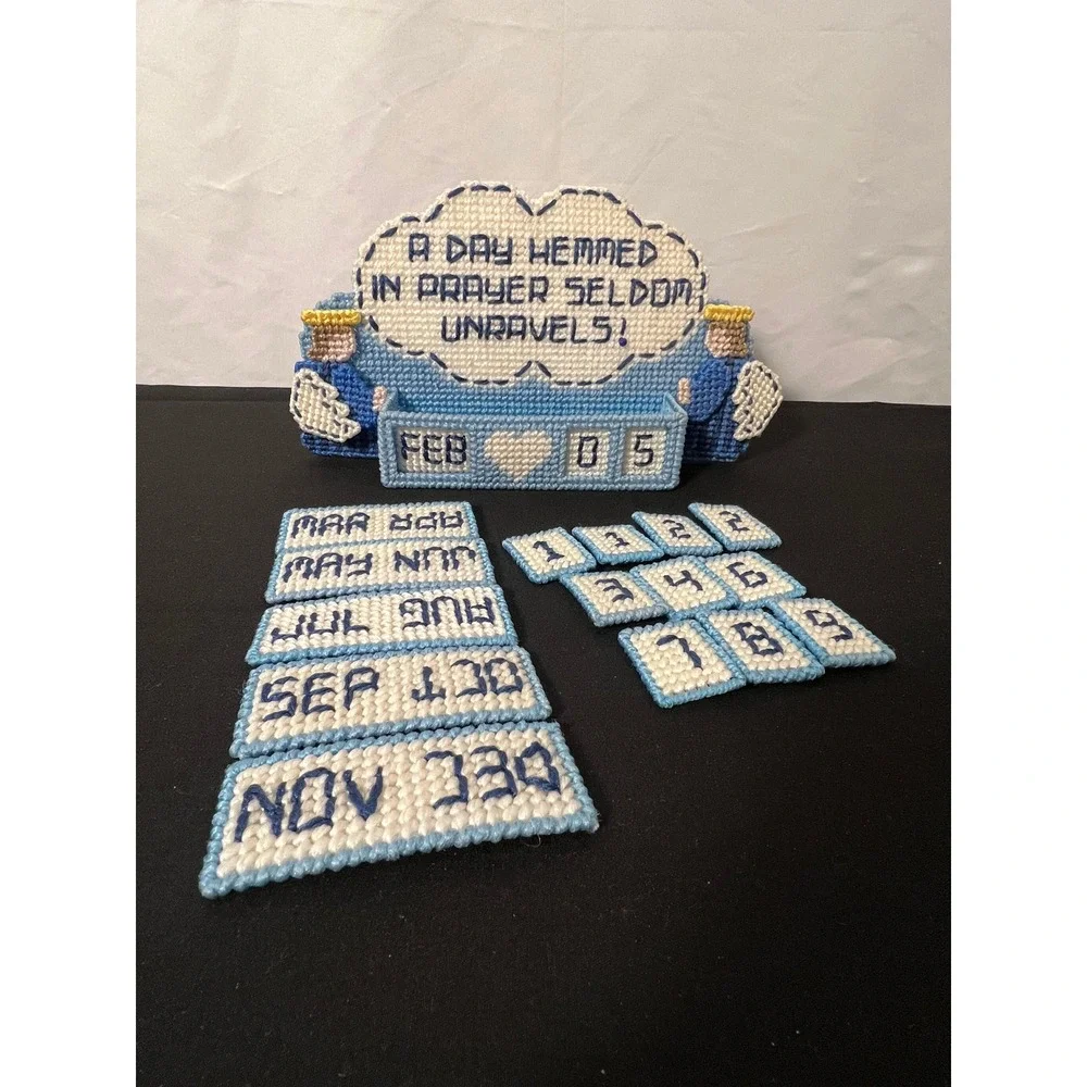 Handmade Plastic Canvas Perpetual Calendar Angel Prayer Religious Blue White